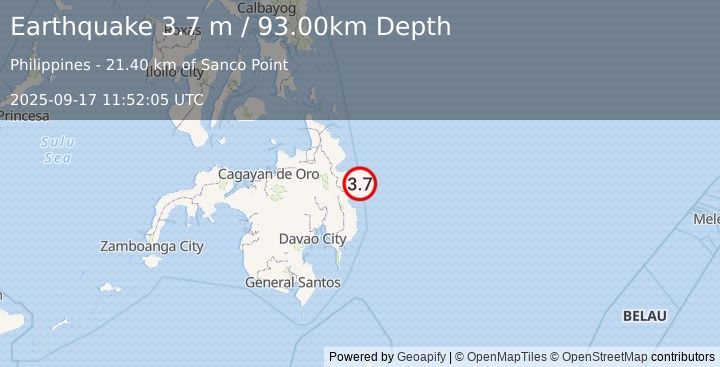 Earthquake MINDANAO, PHILIPPINES (3.7 m) (2025-09-17 11:52:05 UTC)