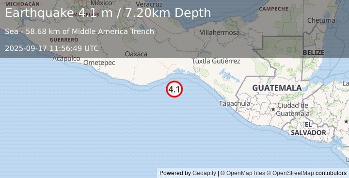 Earthquake OFFSHORE OAXACA, MEXICO (4.1 m) (2025-09-17 11:56:49 UTC)