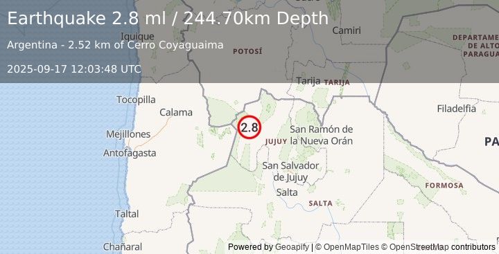 Earthquake JUJUY, ARGENTINA (2.8 ml) (2025-09-17 12:03:48 UTC)