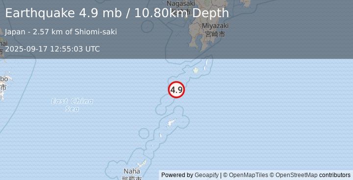 Earthquake RYUKYU ISLANDS, JAPAN (4.9 mb) (2025-09-17 12:55:03 UTC)