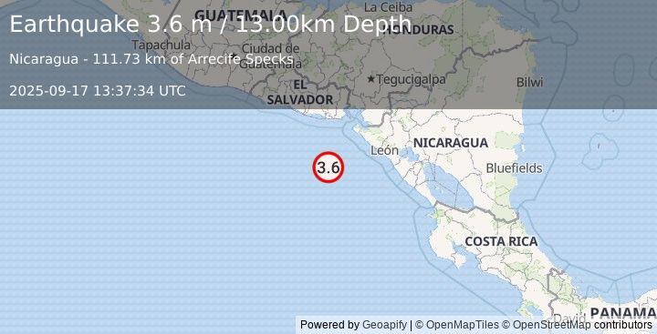 Earthquake NEAR COAST OF NICARAGUA (3.6 m) (2025-09-17 13:37:34 UTC)