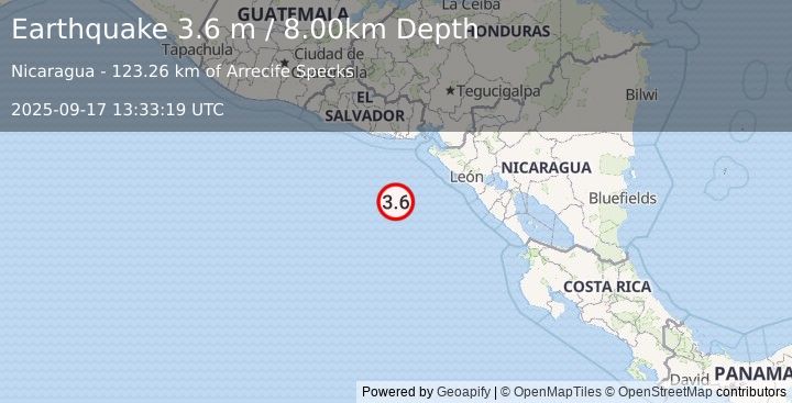 Earthquake OFF COAST OF CENTRAL AMERICA (3.6 m) (2025-09-17 13:33:19 UTC)