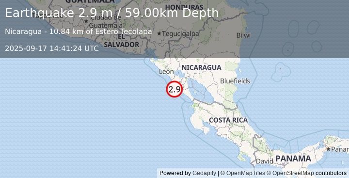 Earthquake NEAR COAST OF NICARAGUA (2.9 m) (2025-09-17 14:41:24 UTC)