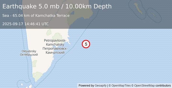 Earthquake OFF EAST COAST OF KAMCHATKA (5.0 mb) (2025-09-17 14:46:41 UTC)
