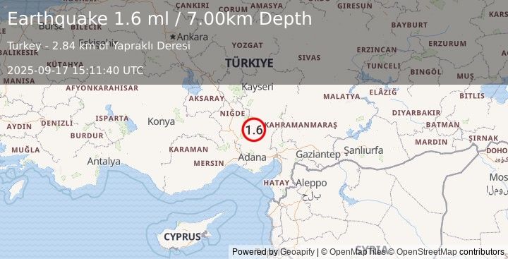 Earthquake CENTRAL TURKEY (1.6 ml) (2025-09-17 15:11:40 UTC)