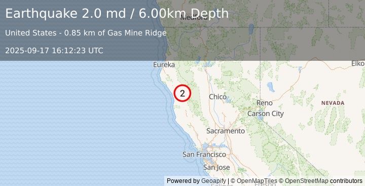 Earthquake NORTHERN CALIFORNIA (2.0 md) (2025-09-17 16:12:23 UTC)