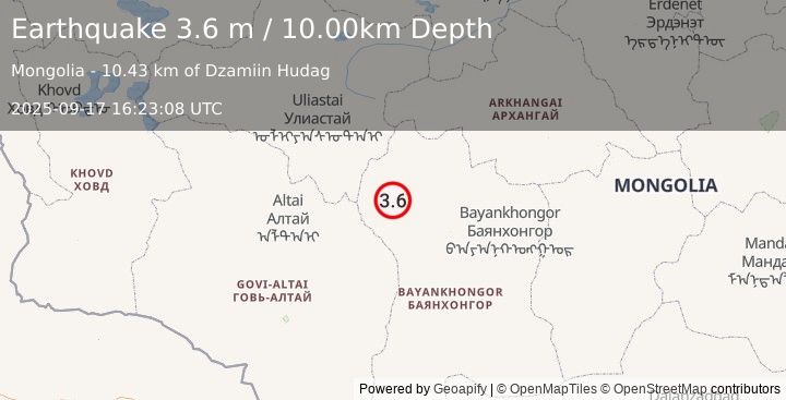Earthquake CENTRAL MONGOLIA (3.6 m) (2025-09-17 16:23:08 UTC)