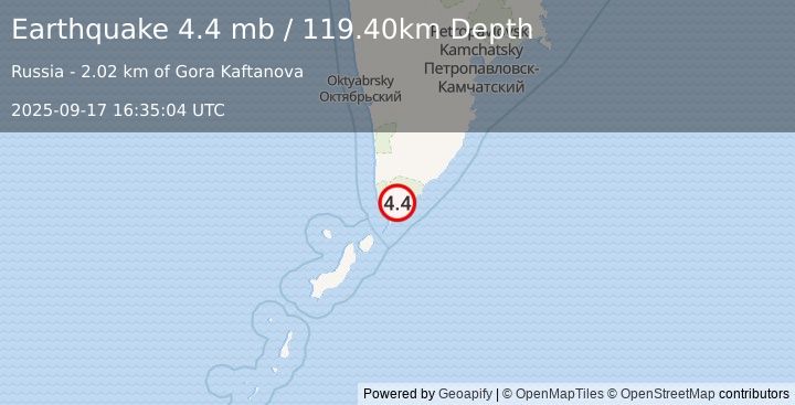Earthquake KAMCHATKA PENINSULA, RUSSIA (4.4 mb) (2025-09-17 16:35:04 UTC)