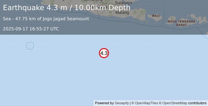Earthquake SOUTH OF JAVA, INDONESIA (4.3 m) (2025-09-17 16:55:27 UTC)