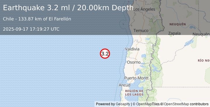 Earthquake OFF COAST OF LOS LAGOS, CHILE (3.2 ml) (2025-09-17 17:19:27 UTC)