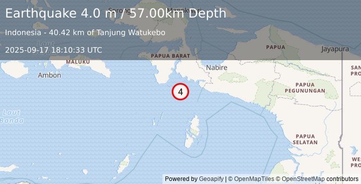 Earthquake NEAR S COAST OF PAPUA, INDONESIA (4.0 m) (2025-09-17 18:10:33 UTC)
