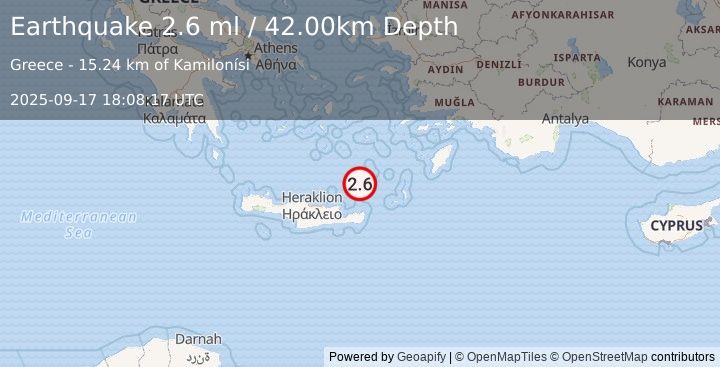 Earthquake CRETE, GREECE (2.6 ml) (2025-09-17 18:08:17 UTC)