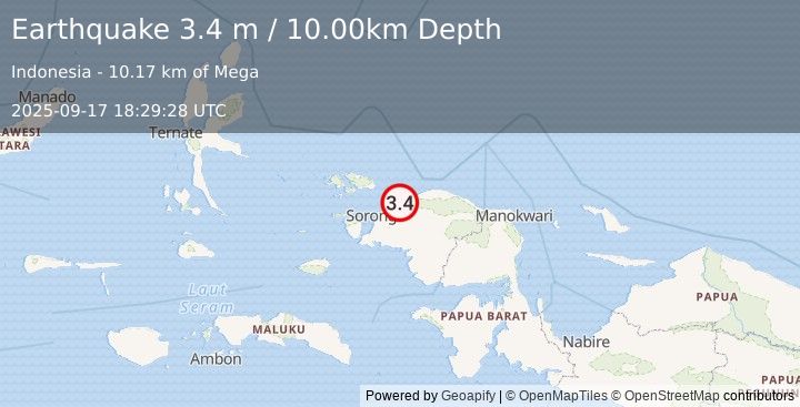 Earthquake NEAR N COAST OF PAPUA, INDONESIA (3.4 m) (2025-09-17 18:29:28 UTC)