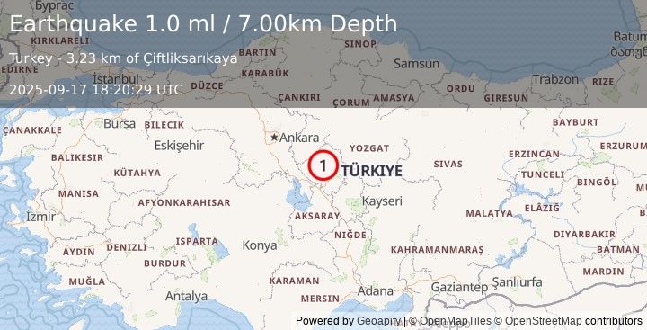 Earthquake CENTRAL TURKEY (1.0 ml) (2025-09-17 18:20:29 UTC)