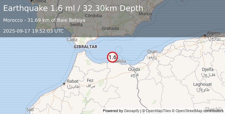 Earthquake STRAIT OF GIBRALTAR (1.6 ml) (2025-09-17 19:52:03 UTC)
