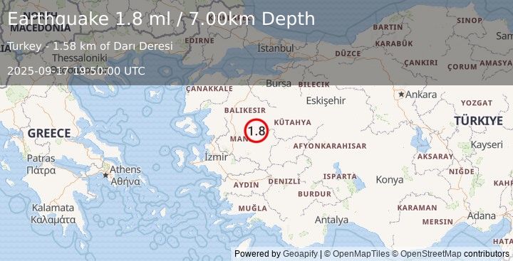 Earthquake WESTERN TURKEY (1.8 ml) (2025-09-17 19:50:00 UTC)