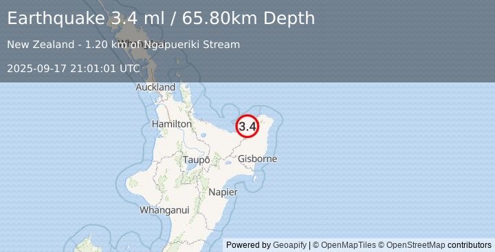 Earthquake OFF E. COAST OF N. ISLAND, N.Z. (3.4 ml) (2025-09-17 21:01:01 UTC)
