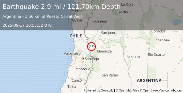 Earthquake MENDOZA, ARGENTINA (2.9 ml) (2025-09-17 20:57:52 UTC)
