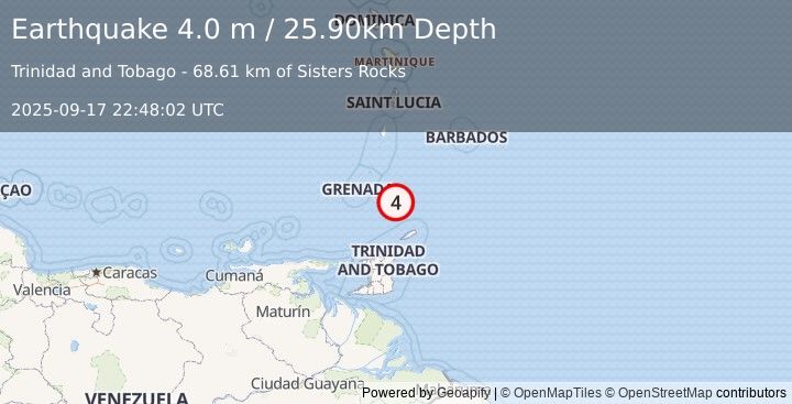 Earthquake TOBAGO REGION, TRINIDAD-TOBAGO (4.0 m) (2025-09-17 22:48:02 UTC)
