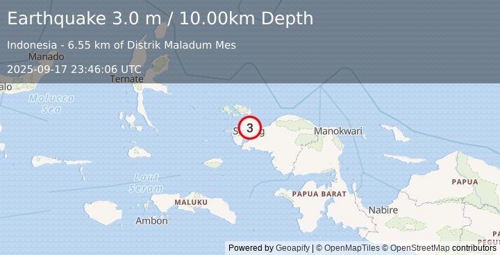 Earthquake NEAR N COAST OF PAPUA, INDONESIA (3.0 m) (2025-09-17 23:46:06 UTC)