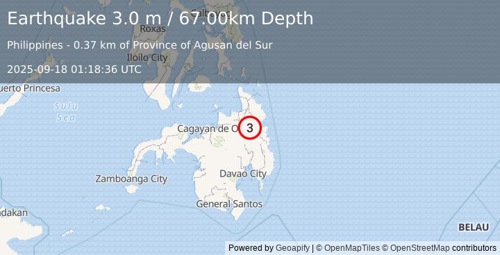 Earthquake MINDANAO, PHILIPPINES (3.0 m) (2025-09-18 01:18:36 UTC)