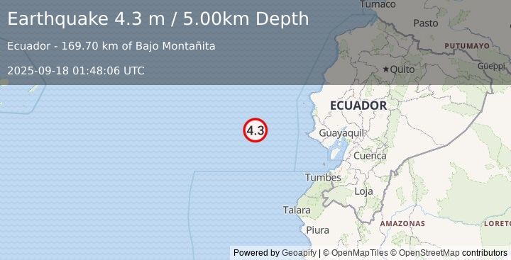 Earthquake OFF COAST OF ECUADOR (4.3 m) (2025-09-18 01:48:06 UTC)