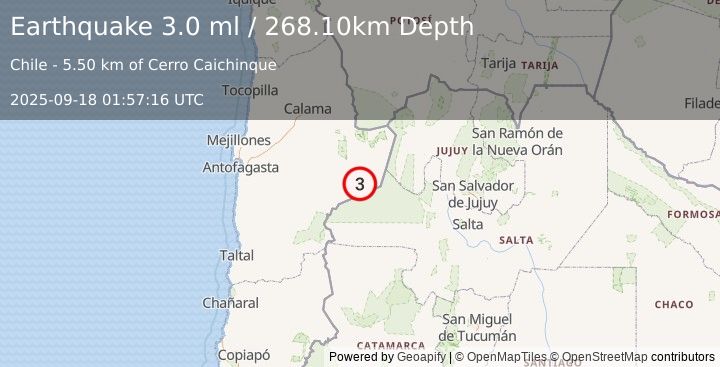 Earthquake ANTOFAGASTA, CHILE (3.0 ml) (2025-09-18 01:57:16 UTC)