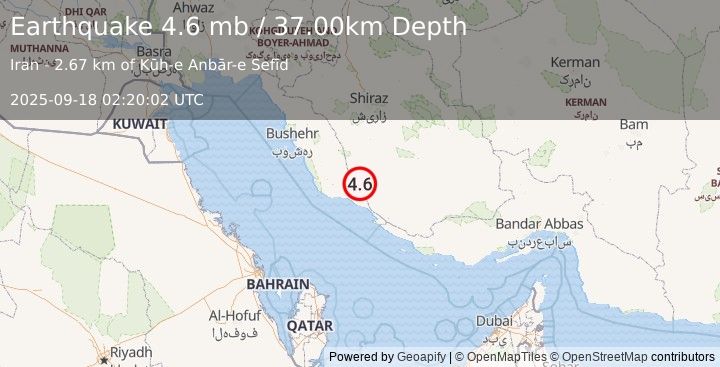 Earthquake SOUTHERN IRAN (4.2 mb) (2025-09-18 02:19:57 UTC)