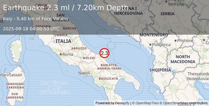 Earthquake SOUTHERN ITALY (2.3 ml) (2025-09-18 04:00:53 UTC)