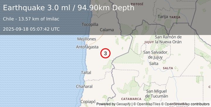 Earthquake ANTOFAGASTA, CHILE (3.0 ml) (2025-09-18 05:07:42 UTC)