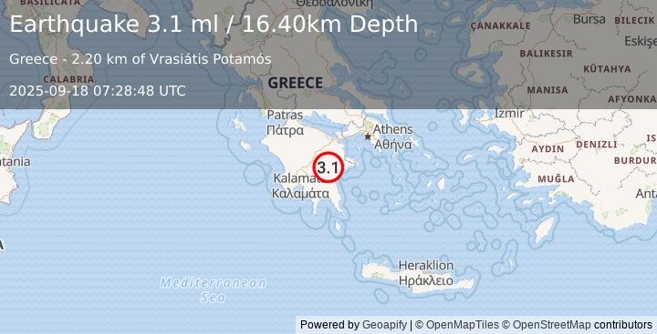 Earthquake SOUTHERN GREECE (3.1 ml) (2025-09-18 07:28:48 UTC)