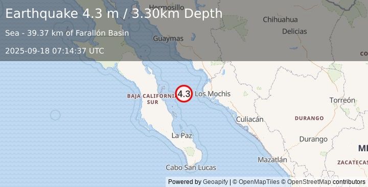 Earthquake GULF OF CALIFORNIA (4.3 m) (2025-09-18 07:14:37 UTC)