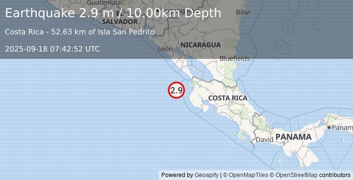 Earthquake OFF COAST OF COSTA RICA (2.9 m) (2025-09-18 07:42:52 UTC)