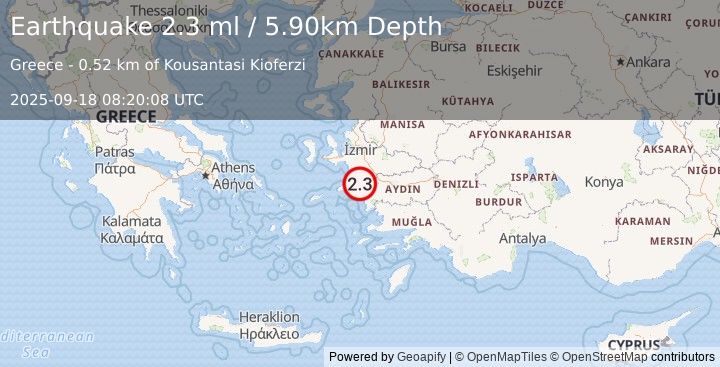 Earthquake WESTERN TURKEY (2.3 ml) (2025-09-18 08:20:08 UTC)
