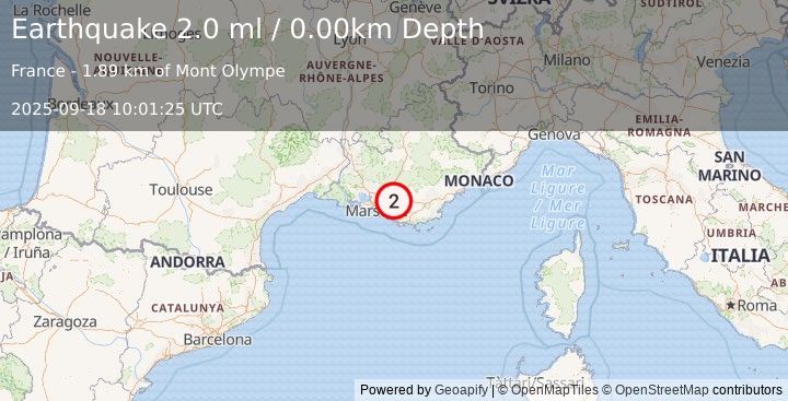 Earthquake NEAR SOUTH COAST OF FRANCE (2.0 ml) (2025-09-18 10:01:25 UTC)