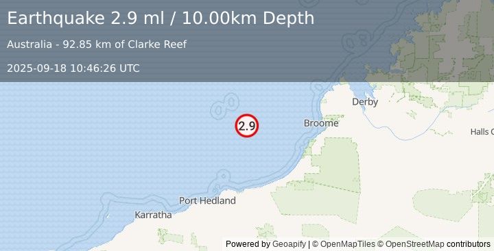 Earthquake NORTHWEST OF AUSTRALIA (2.9 ml) (2025-09-18 10:46:26 UTC)
