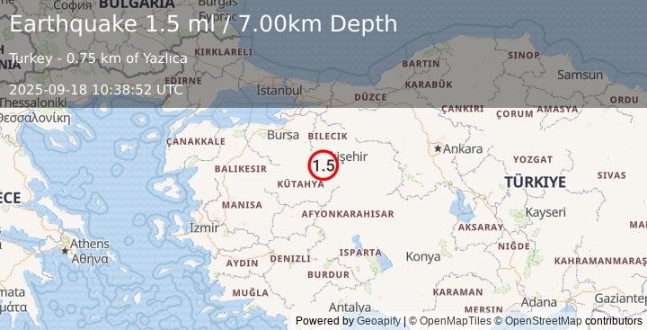 Earthquake WESTERN TURKEY (1.5 ml) (2025-09-18 10:38:52 UTC)