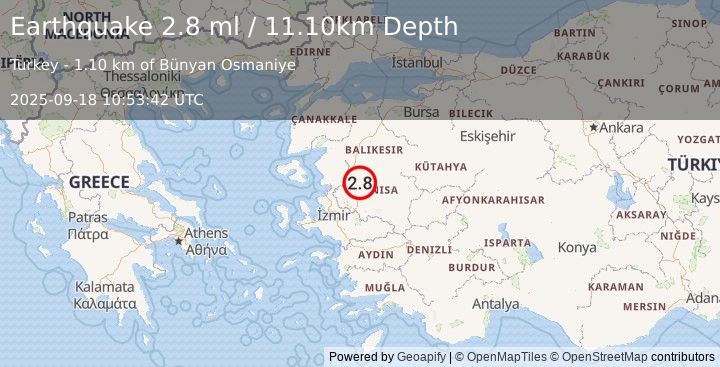 Earthquake WESTERN TURKEY (2.8 ml) (2025-09-18 10:53:42 UTC)