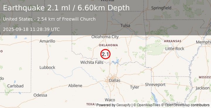 Earthquake OKLAHOMA (2.1 ml) (2025-09-18 11:28:39 UTC)