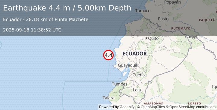 Earthquake OFF COAST OF ECUADOR (4.4 m) (2025-09-18 11:38:52 UTC)