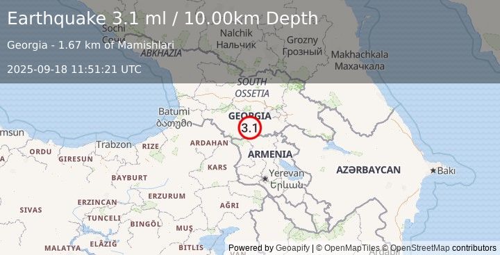 Earthquake GEORGIA (SAK'ART'VELO) (3.1 ml) (2025-09-18 11:51:21 UTC)