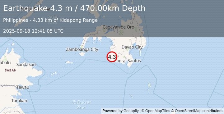 Earthquake MINDANAO, PHILIPPINES (4.3 m) (2025-09-18 12:41:05 UTC)