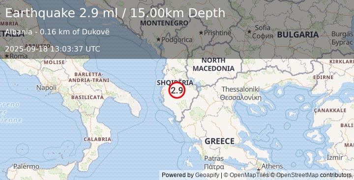 Earthquake ALBANIA (2.9 ml) (2025-09-18 13:03:37 UTC)