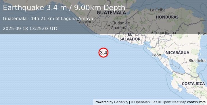Earthquake OFF THE COAST OF GUATEMALA (3.4 m) (2025-09-18 13:25:03 UTC)