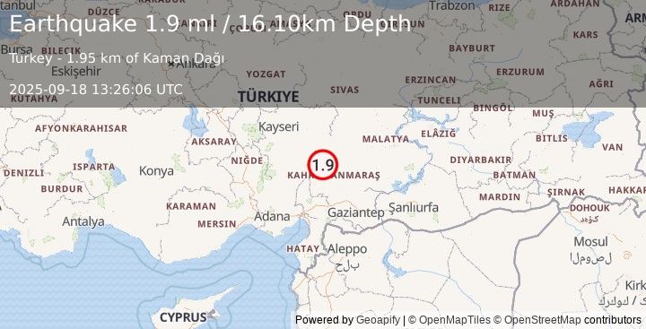 Earthquake CENTRAL TURKEY (1.9 ml) (2025-09-18 13:26:06 UTC)