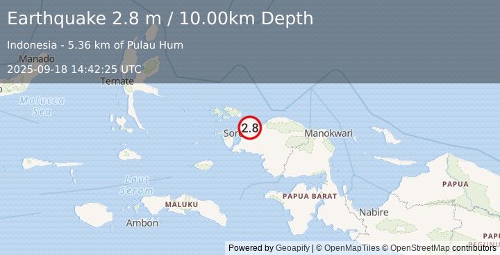 Earthquake NEAR N COAST OF PAPUA, INDONESIA (2.8 m) (2025-09-18 14:42:25 UTC)
