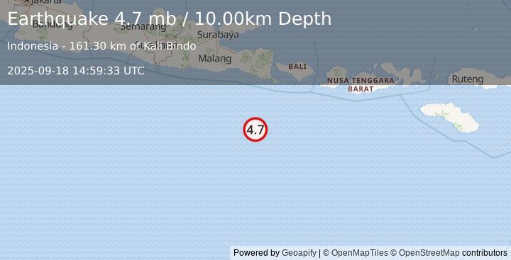Earthquake SOUTH OF JAVA, INDONESIA (4.7 mb) (2025-09-18 14:59:33 UTC)