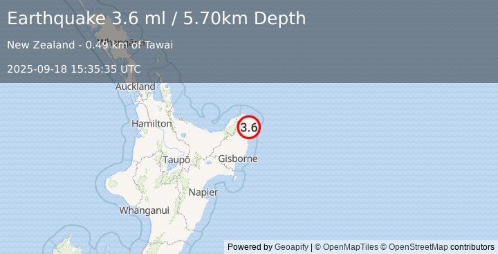 Earthquake OFF E. COAST OF N. ISLAND, N.Z. (3.6 ml) (2025-09-18 15:35:35 UTC)