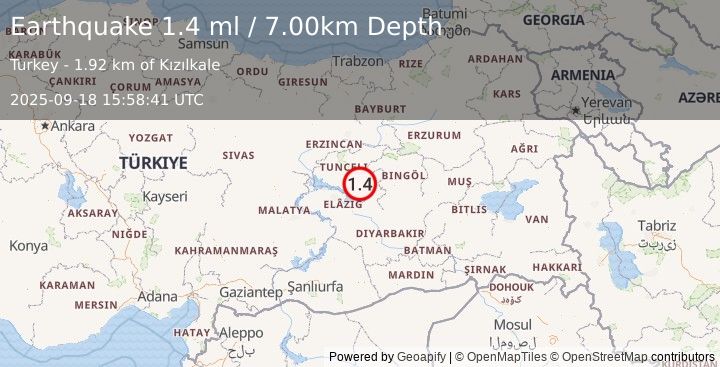 Earthquake EASTERN TURKEY (1.4 ml) (2025-09-18 15:58:41 UTC)