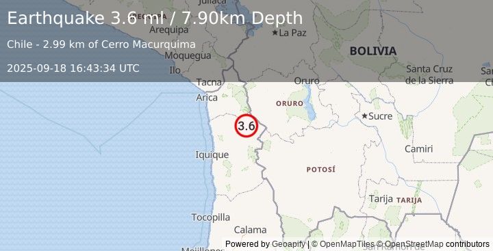 Earthquake TARAPACA, CHILE (3.6 ml) (2025-09-18 16:43:34 UTC)